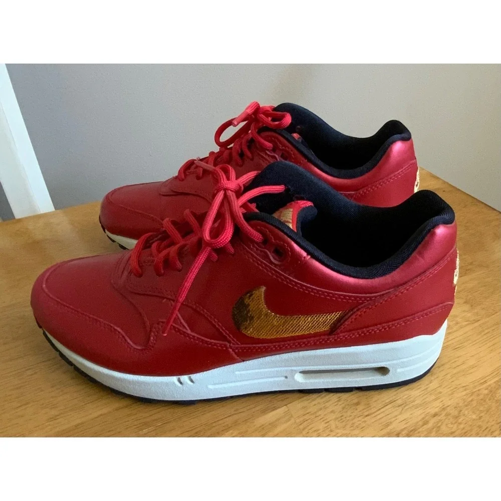 Nike Air Max 1 University Red Metallic Gold Sequin Women's‎ Sneakers Size 8 US